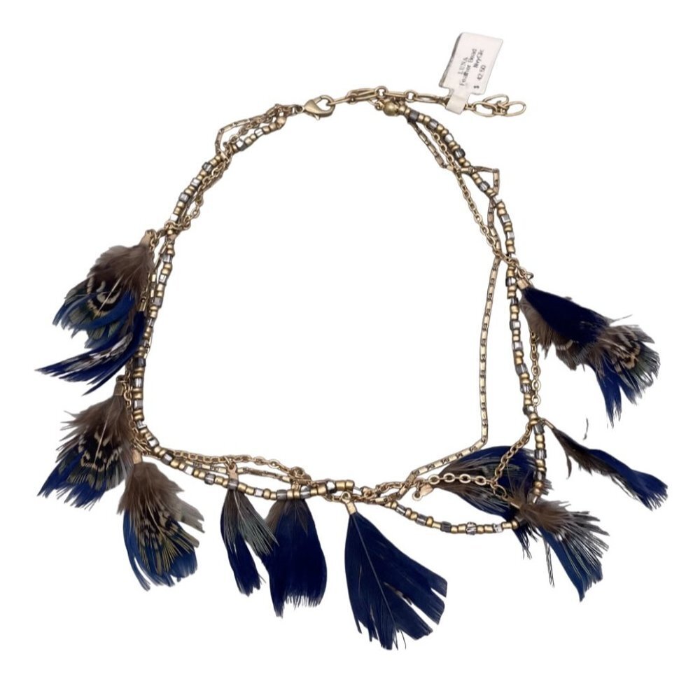 Luna Blue Feather Beaded Multi Chain Necklace Gold Tone 14-17 Inches